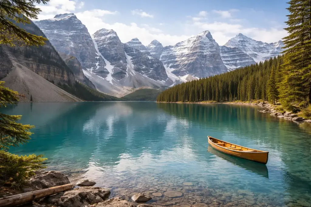 A view of Alberta national parks trails with turquoise water and mountain peaks.