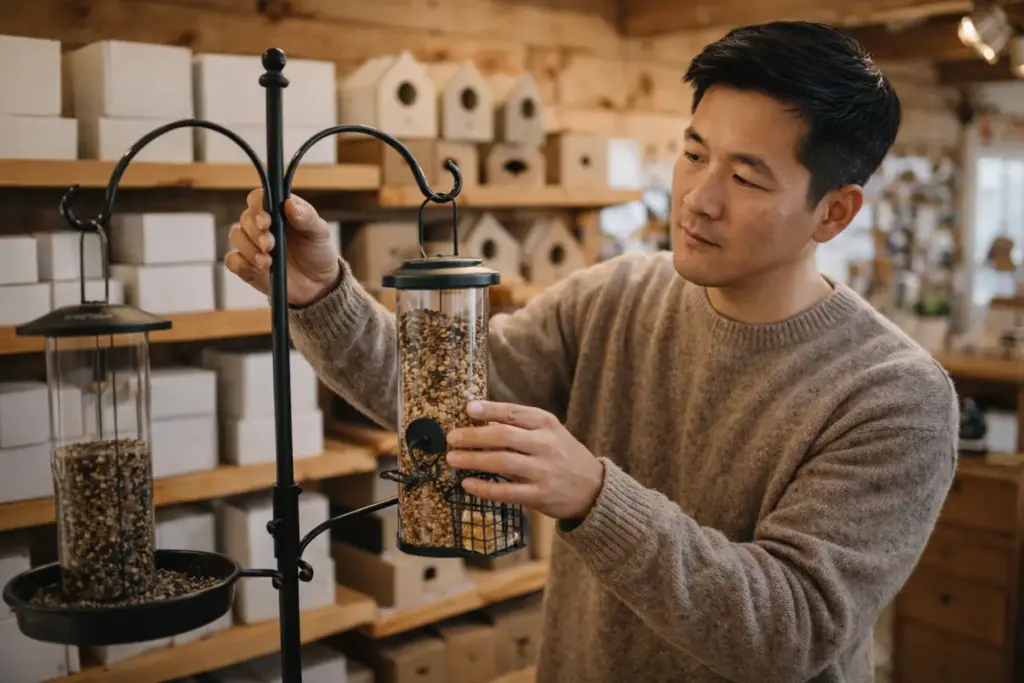 A variety of bird feeding stations Ontario for sale displayed in a local specialized store.