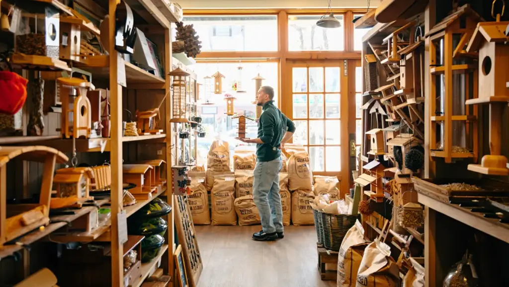 Buying best bird feeders Canada at a local specialized garden store.