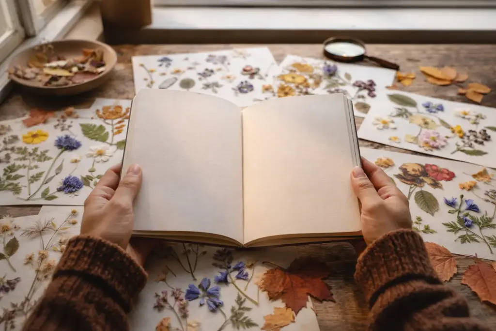 A person holding a blank field guide near a garden of various provincial flowers Canada.