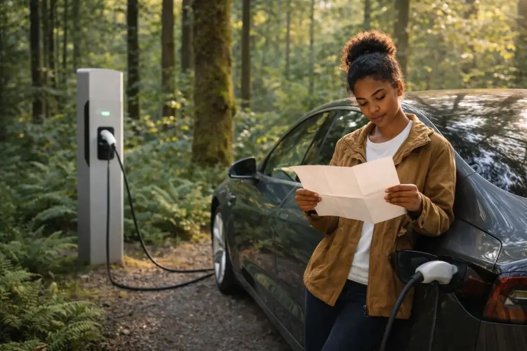 An electric vehicle charging at a station, demonstrating modern access to destinations on the national parks of Canada list.