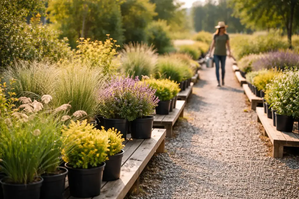A local nursery display featuring rows of healthy canadian native plants for ecological restoration.