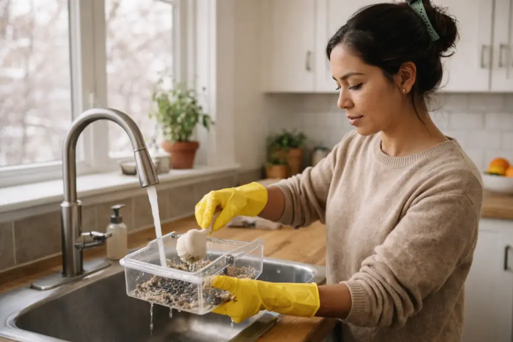 A person carefully cleaning a bird feeder in winter to ensure it is safe and free from mold.