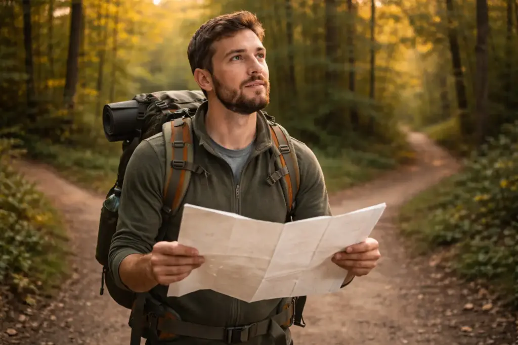 A hiker reviewing a map to answer common questions about national parks in Canada and trail routes.