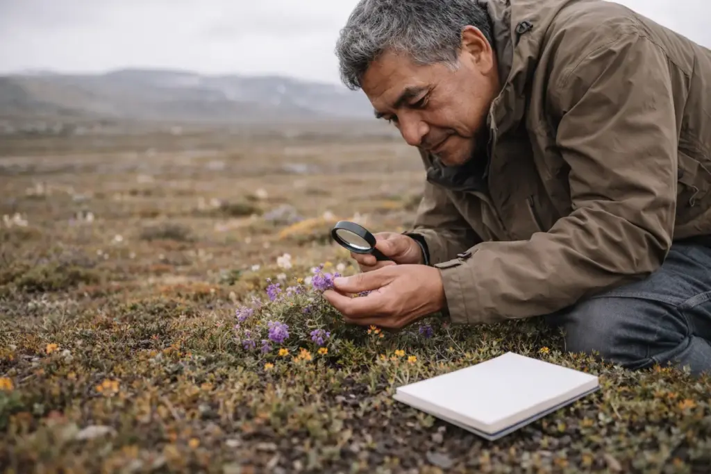 A candid photograph of a researcher in the Arctic tundra examining the territorial flowers of Northern Canada, illustrating scientific curiosity and environmental education.