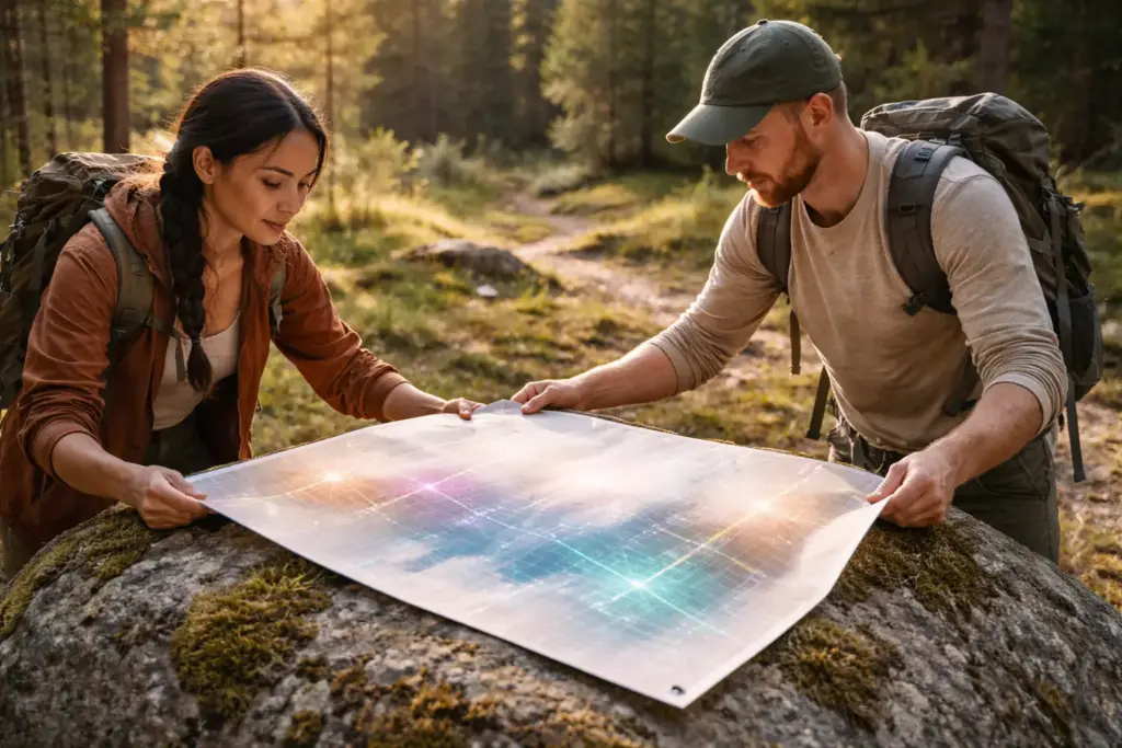 Printed GPS coordinates national parks Canada pdf document used on a hiking trail.