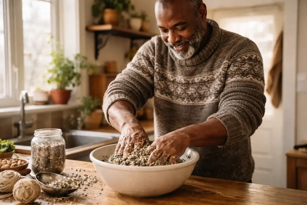 An African American man in a cozy kitchen preparing homemade bird food for winter with lard and seeds.