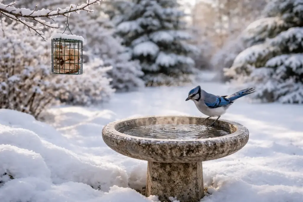 A heated birdbath and suet feeder in a snowy Canadian backyard during winter.