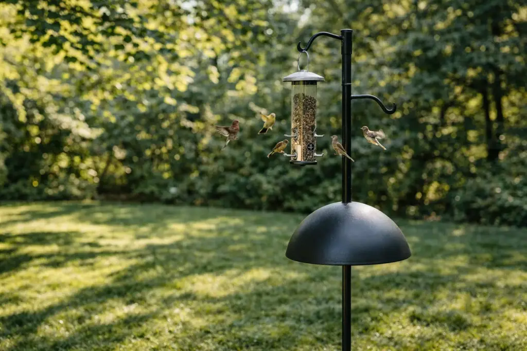 A modern bird feeder with a squirrel baffle installed on a pole in a bright garden.