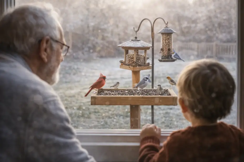 Happy customers observing birds at their lee valley bird feeders in a backyard.