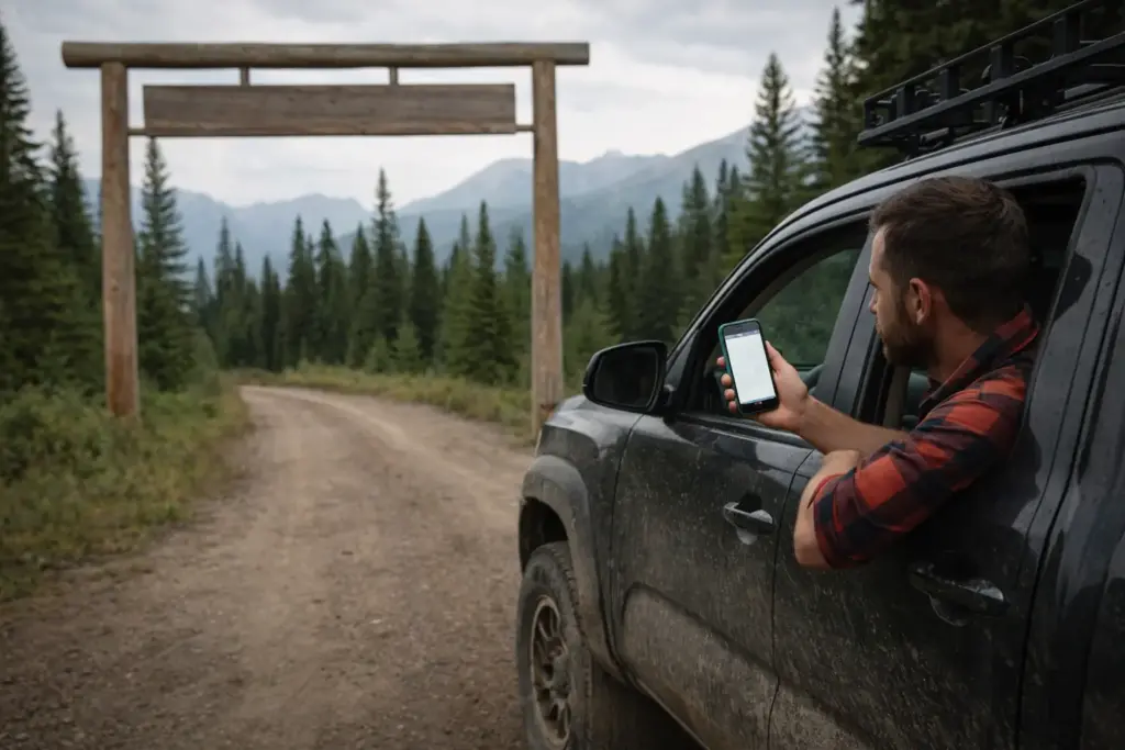 A vehicle stops near a park entrance sign, highlighting the need for accurate National Parks Canada GPS coordinates to locate park access points.