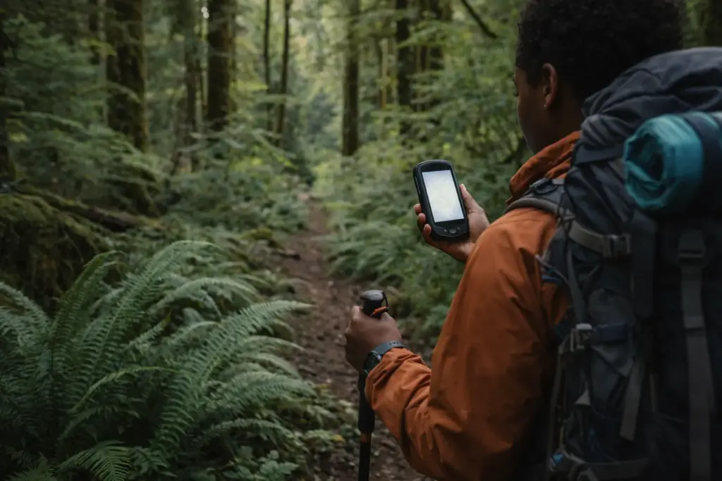 A person with hiking equipment navigates through a dense forest trail, actively using National Parks Canada GPS coordinates for route finding in complex terrain.
