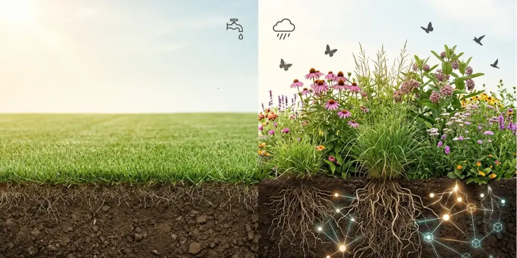 Infographic illustrating the difference in root depth, water usage, and biodiversity between a traditional grass lawn and a healthy native plants Canada garden.