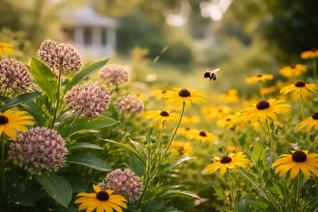 Vibrant Black-eyed Susans and native wildflowers Canada attracting pollinators in a bright garden.
