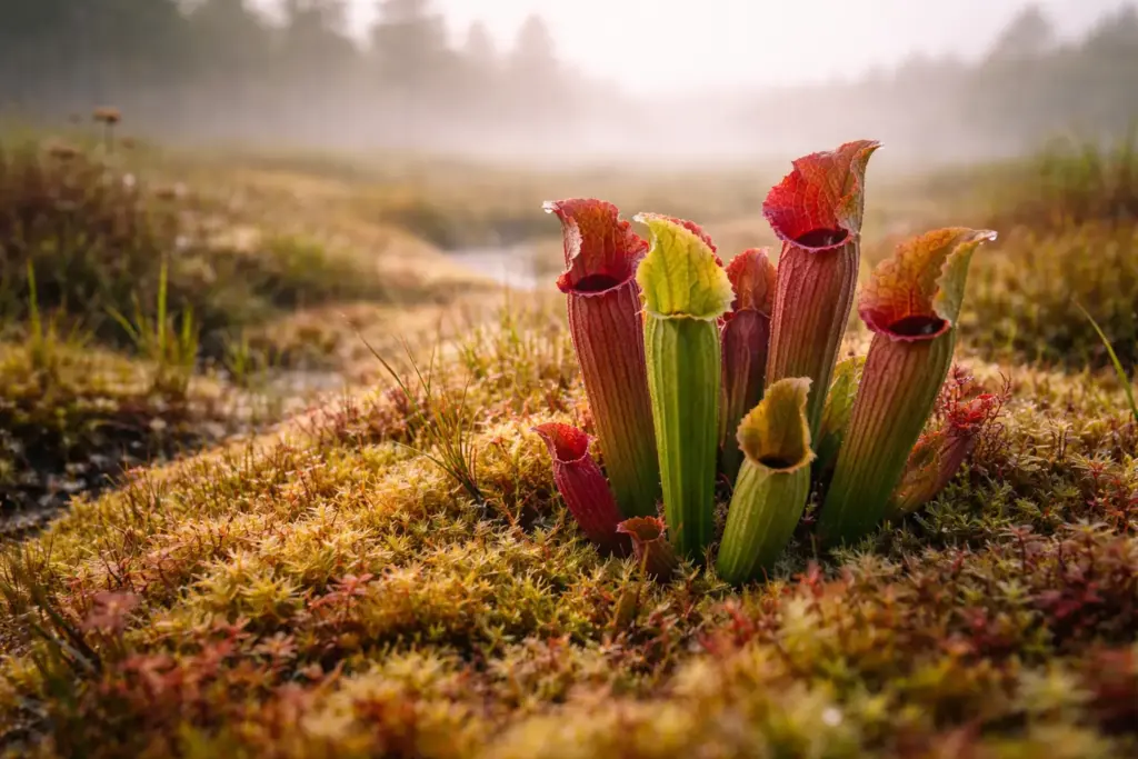 The carnivorous Newfoundland provincial flower, the Pitcher Plant, standing in a foggy bog landscape.