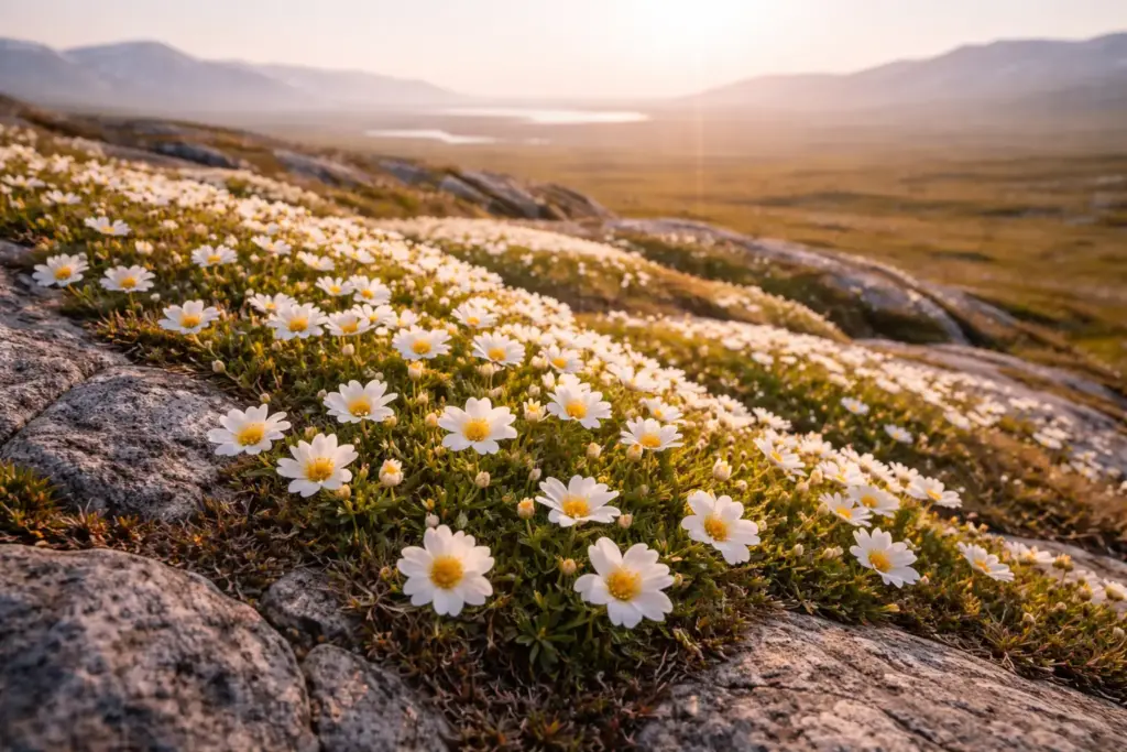 The Northwest Territories territorial flower Mountain Avens tracking the sun across a rocky Arctic ridge.