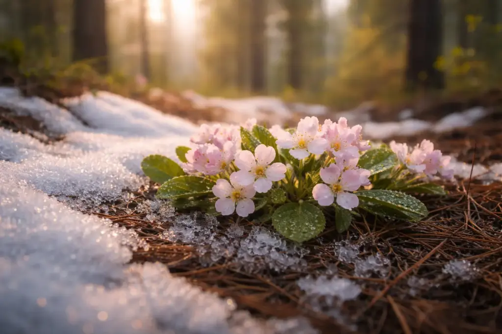 Close-up of the Nova Scotia provincial flower, the Mayflower, blooming through light snow in a forest.