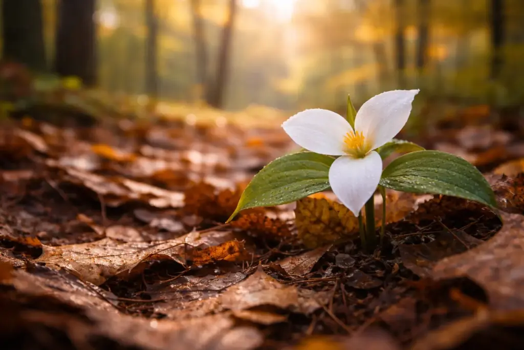 A close-up of the ontario provincial flower, the white trillium, blooming on a bed of fallen leaves.
