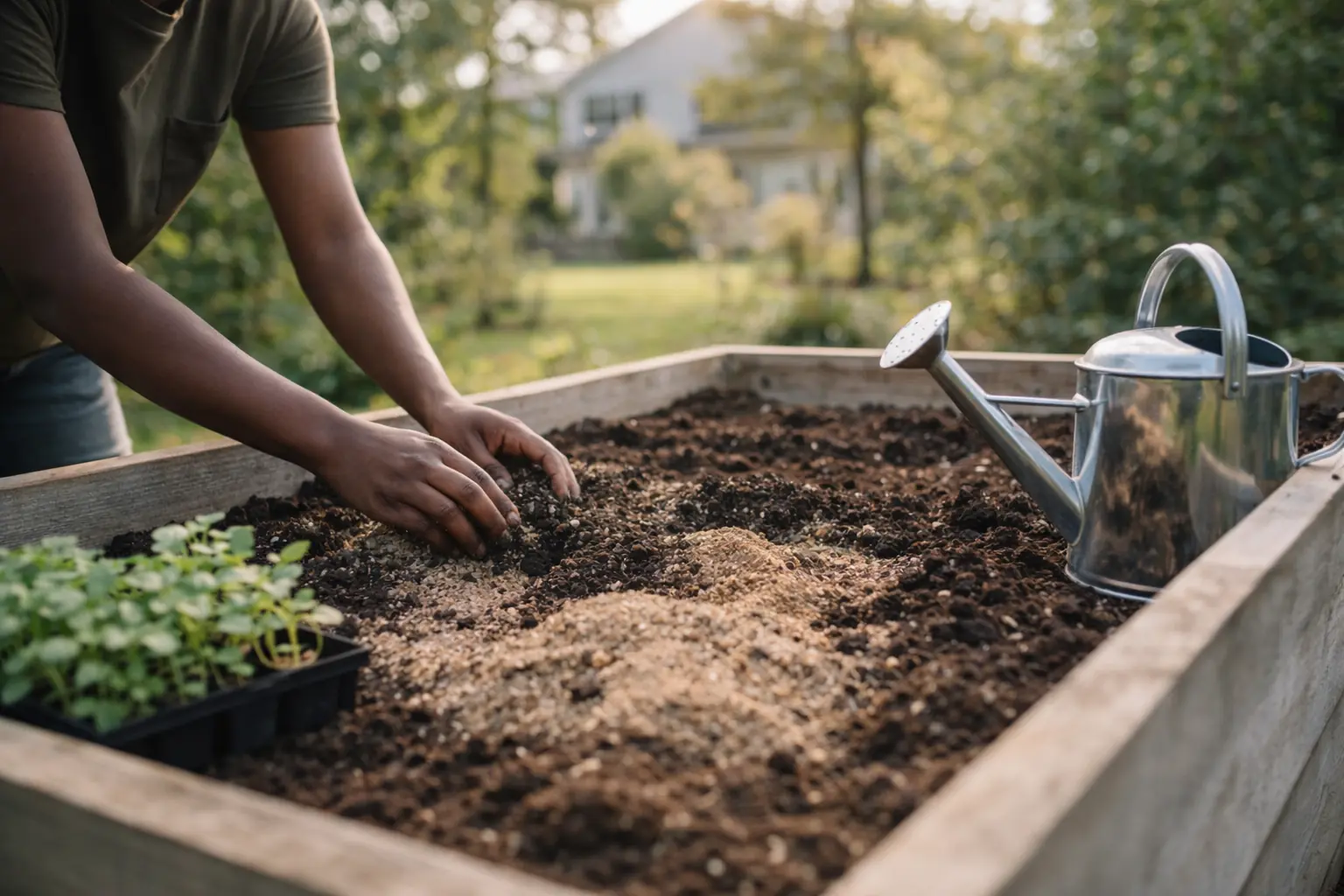 A gardener preparing soil for planting native flowers of the Prairies in a residential backyard.