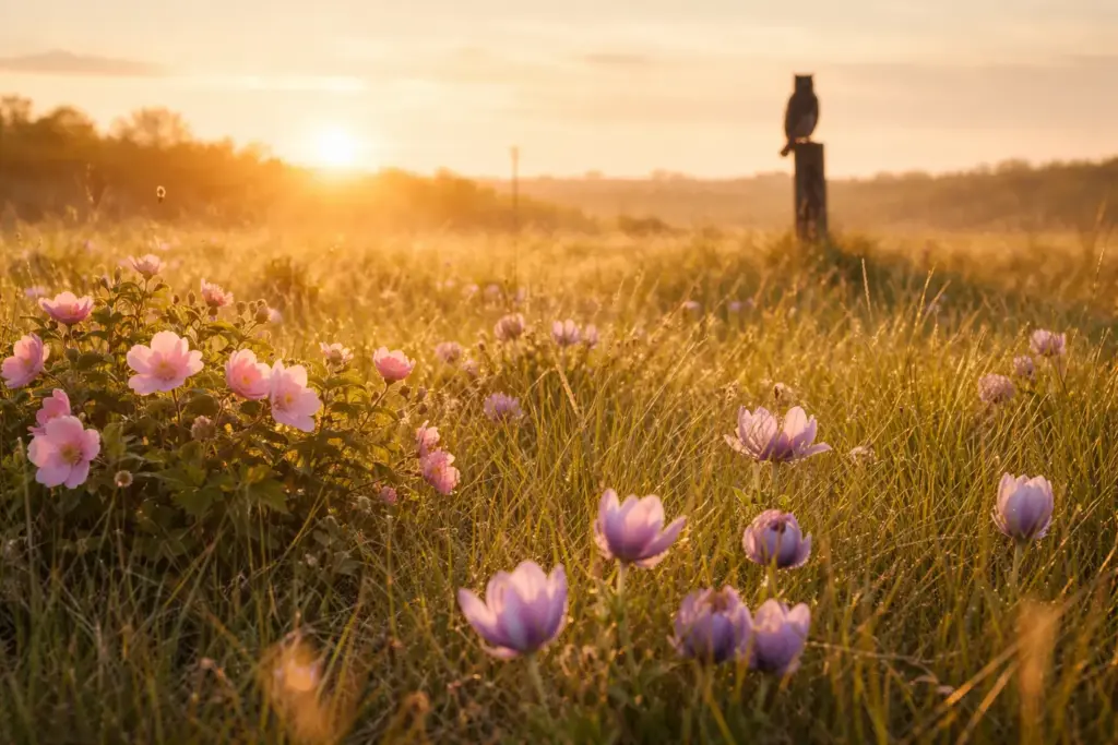 Wild roses and prairie crocus representing provincial flowers Canada in the open fields.