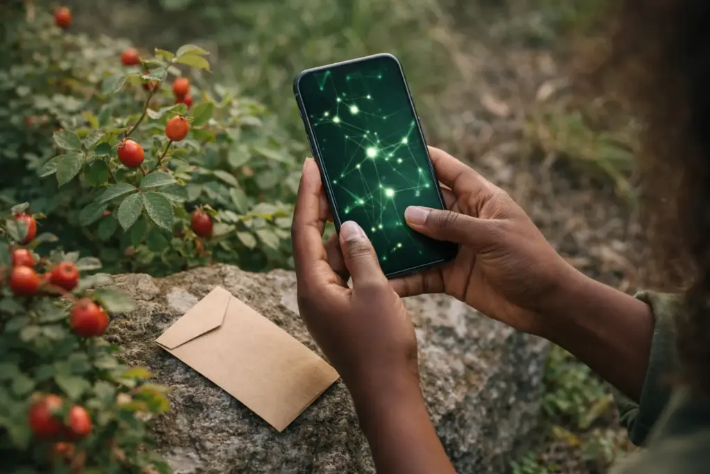 A person using a digital device for legal seed collection of provincial flowers of Western Canada.
