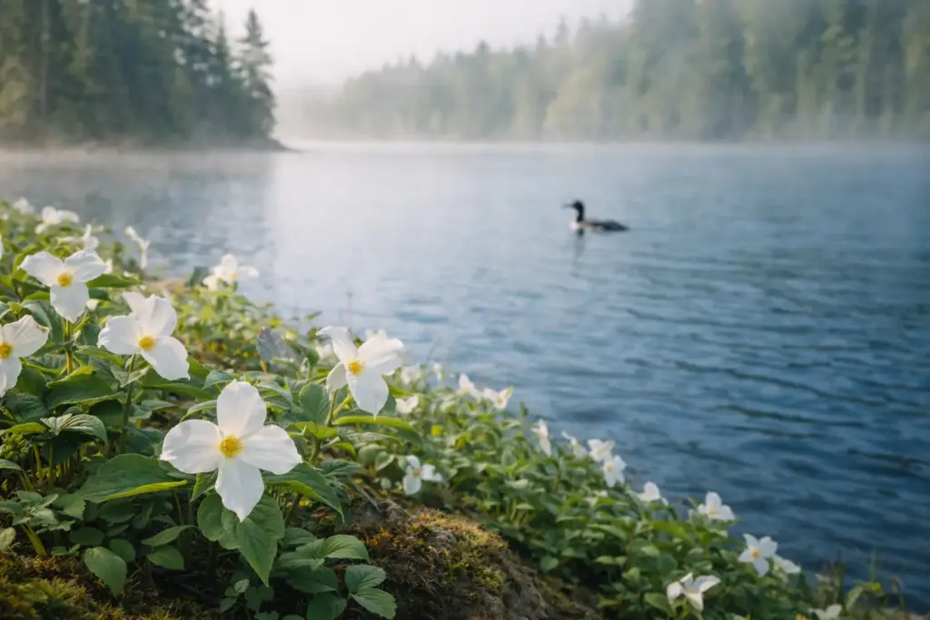 White trillium and blue flag iris as provincial flowers Canada in a central region forest.