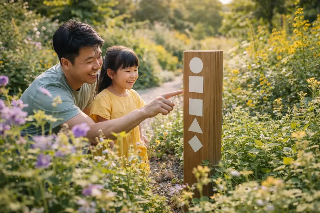 A family exploring the provincial flowers of Central Canada in a botanical garden.