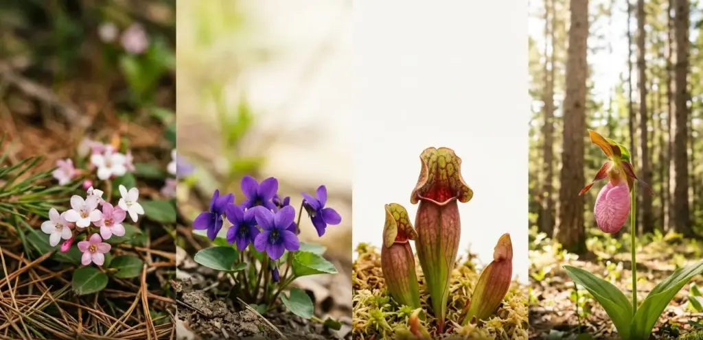 A botanical illustration showcasing the four provincial flowers of Atlantic Canada: the Mayflower, Purple Violet, Pitcher Plant, and Pink Lady’s Slipper.