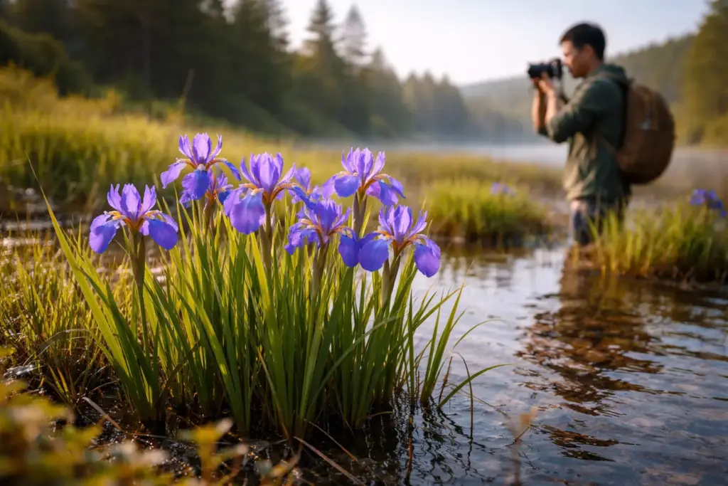 The quebec provincial flower, the blue flag iris, growing along a peaceful riverbank in the sun.