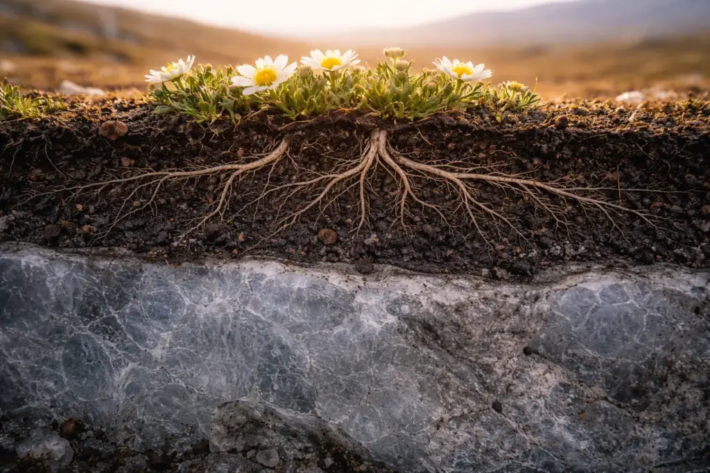 A detailed view of Arctic plant roots in the thin active layer of soil above the permafrost, illustrating the survival of territorial flowers of Northern Canada.