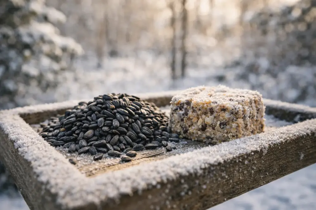 A high-quality bird feeder in winter filled with energy-dense black oil sunflower seeds and suet
