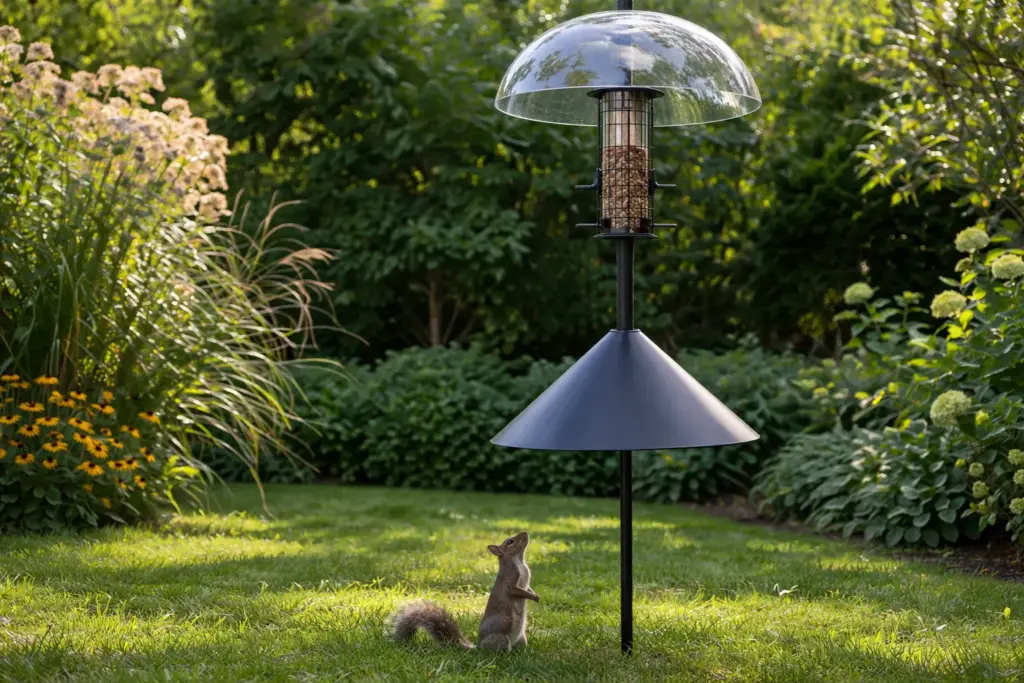 A squirrel-proof baffle system used in blue jay backyard feeding to protect the bird seed.