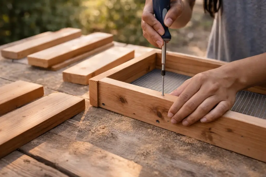 A person assembling a handmade blue jay platform feeder using cedar wood on a workbench.