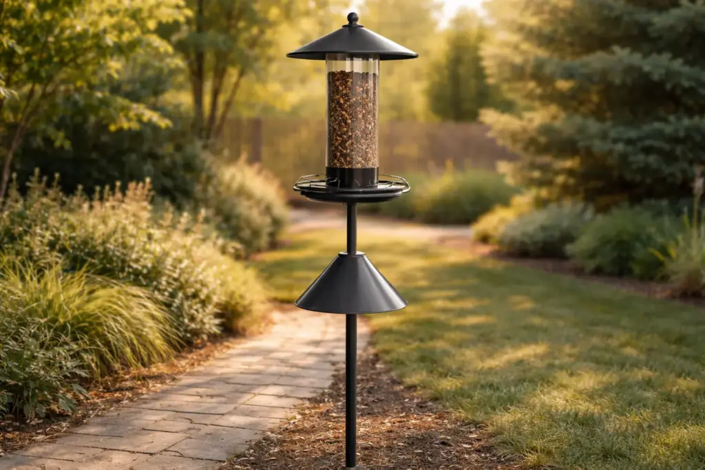 A chickadee bird feeder equipped with a weight-activated mechanism and a pole baffle to solve common pest challenges.