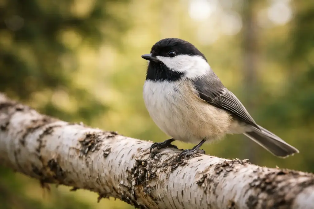 A close-up of a Black-capped Chickadee resting on a birch tree branch, highlighting key chickadee species found in Canada.