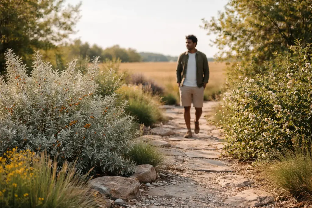 Healthy drought resistant native shrubs Canada used as a natural windbreak in a dry climate.