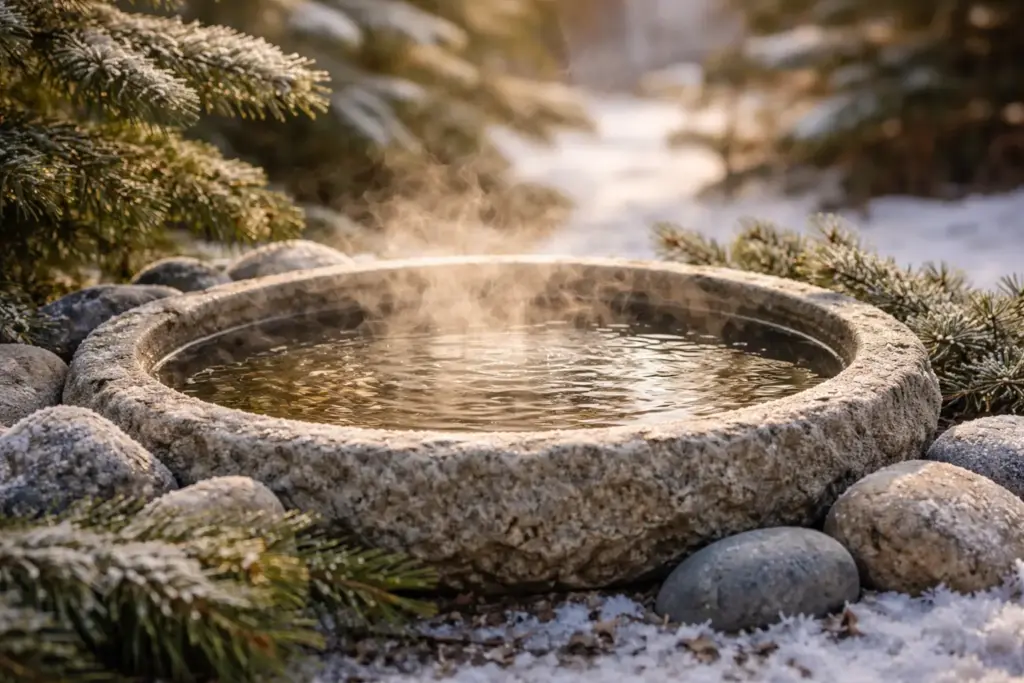 A heated birdbath and native shrubs used to enhance attracting chickadees canada results during winter.