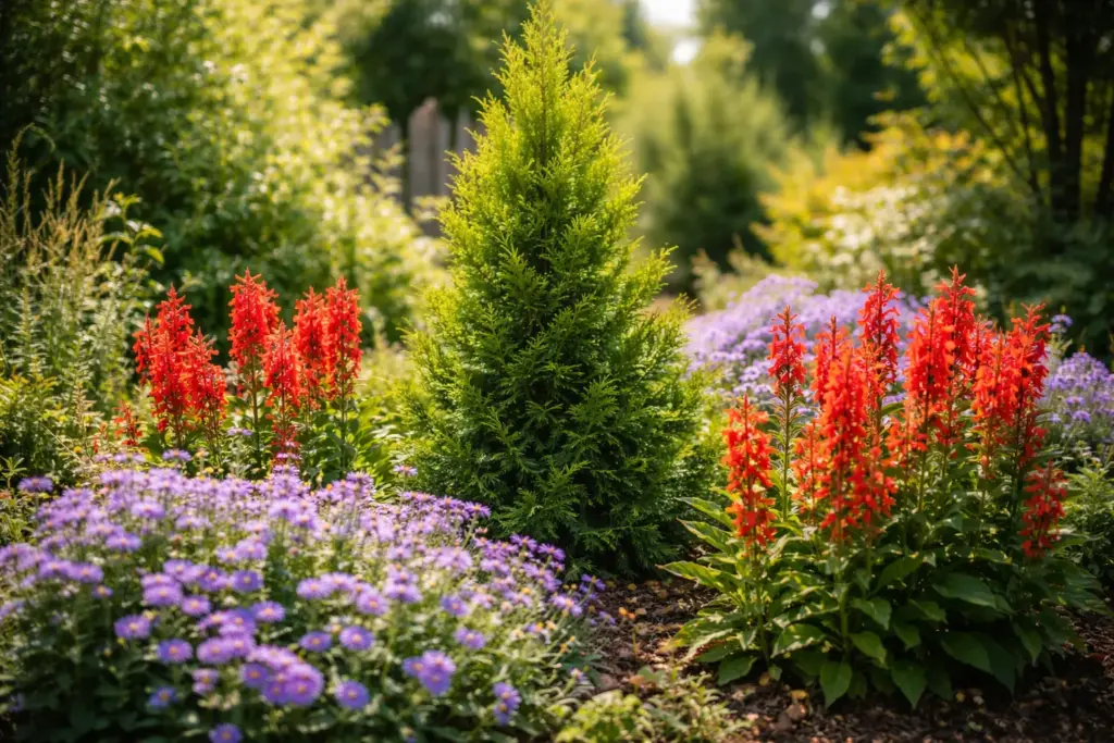 A mix of evergreen native plants Ontario garden trees and colorful flowering perennials providing year-round interest.