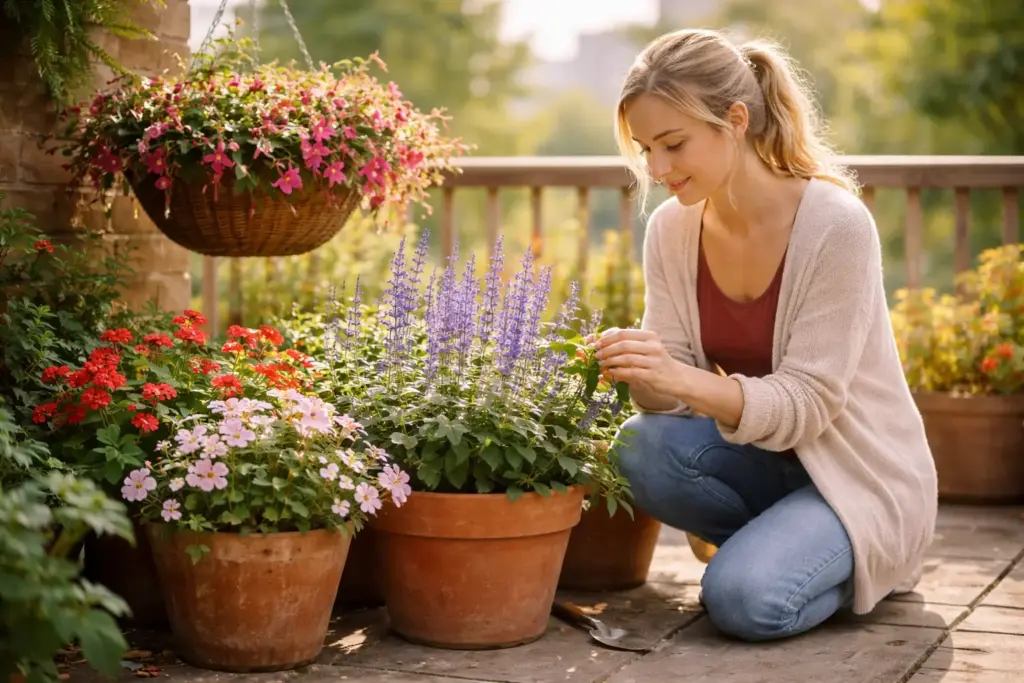 Gardener checking potted plants that attract hummingbirds for healthy blooms