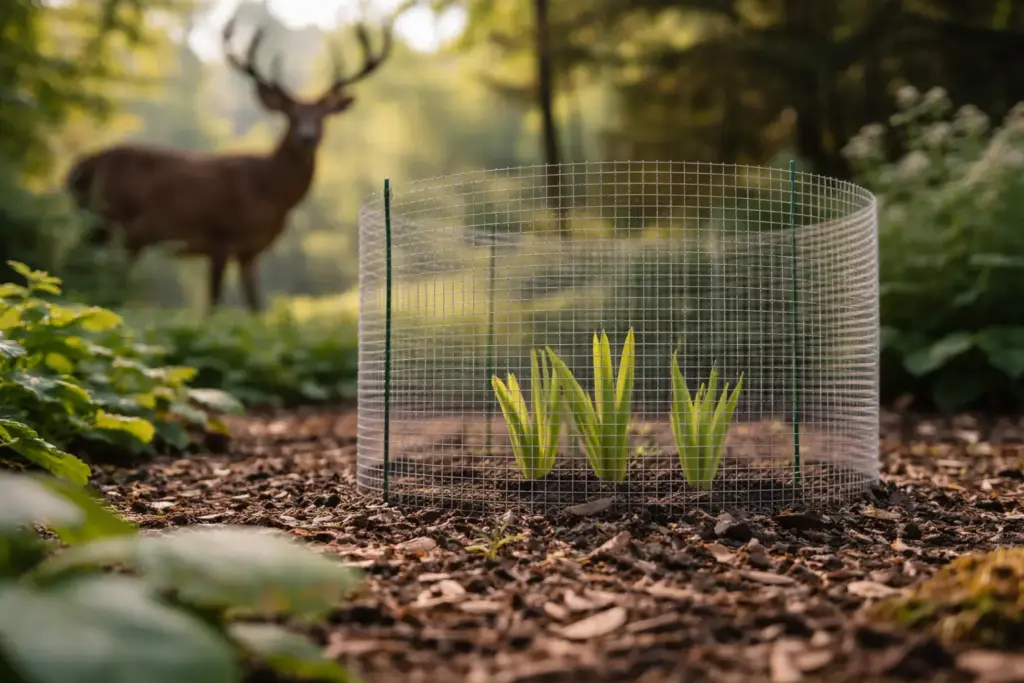 A low maintenance native shade plants Canada garden protected by a discreet wire fence from local wildlife.