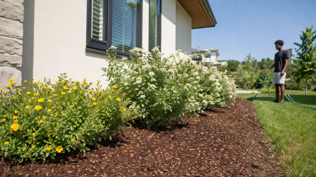 An established row of low maintenance native shrubs Ontario requiring minimal water and pruning in a modern yard.