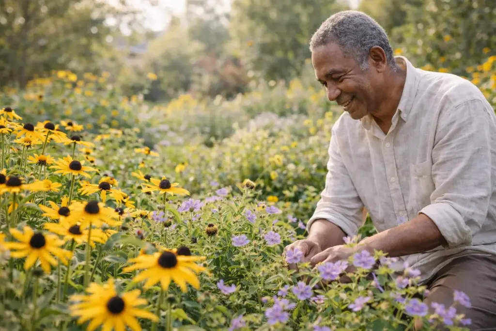 A candid moment of a person observing growth in a thriving garden, effectively using low maintenance pollinator plants Ontario and beginner-friendly native flowers Canada.
