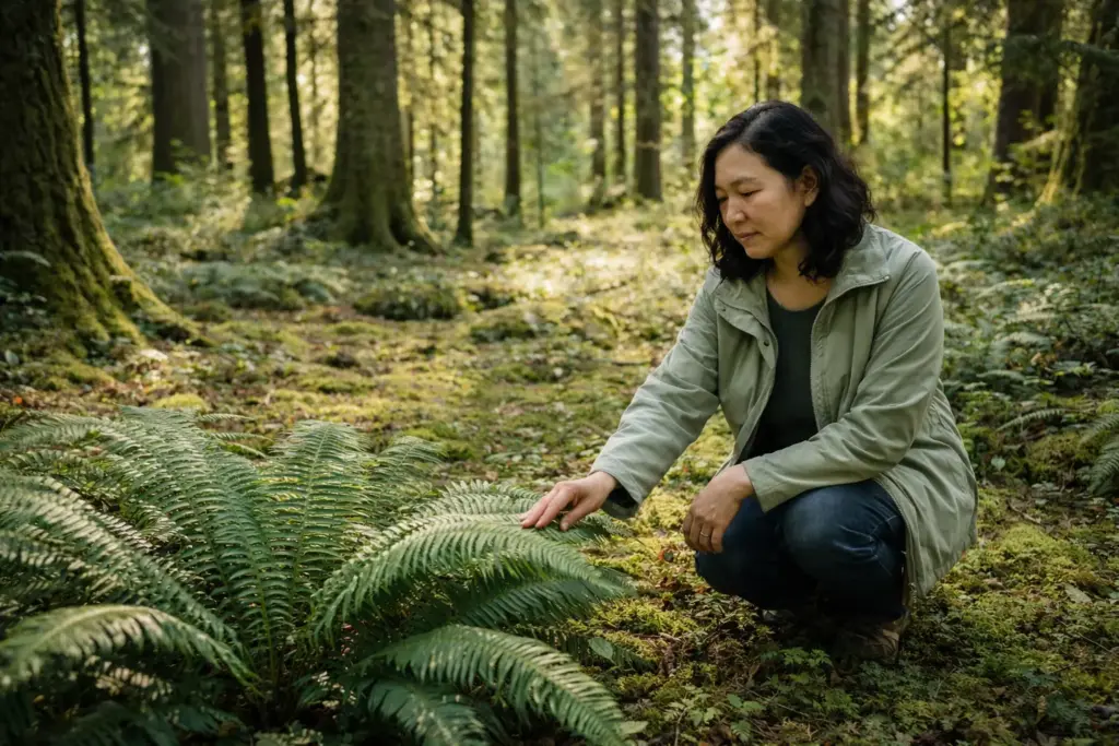 An environmental researcher examining local flora and native plants British Columbia in a coastal forest setting.