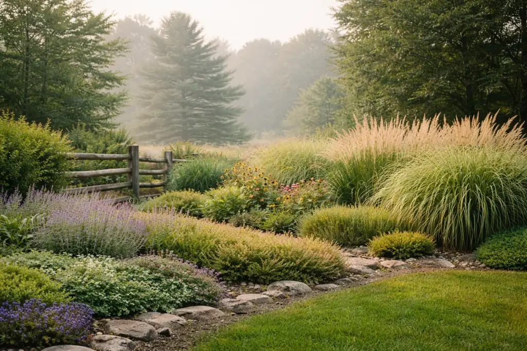 A horizontal view of different categories of flora including wildflowers and shrubs from the native plants Canada list.