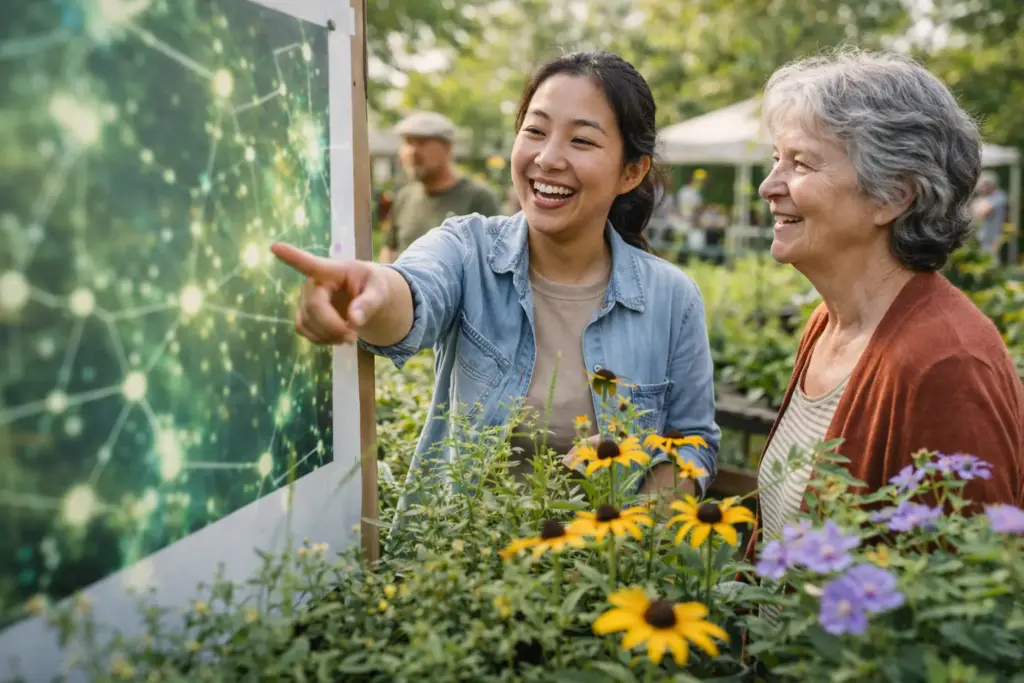 A candid moment of two people discussing a local map with blurred abstract patterns at a community event focused on native plants for pollinators Canada.