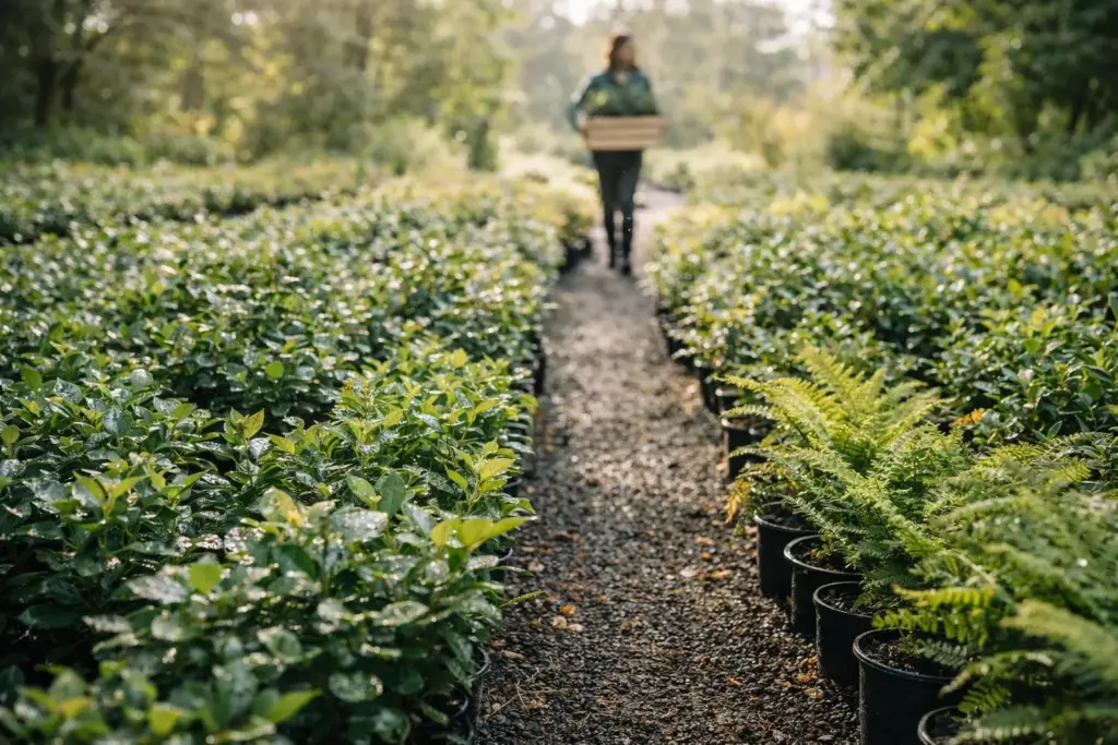A variety of species from the native plants of be list arranged in a nursery setting.