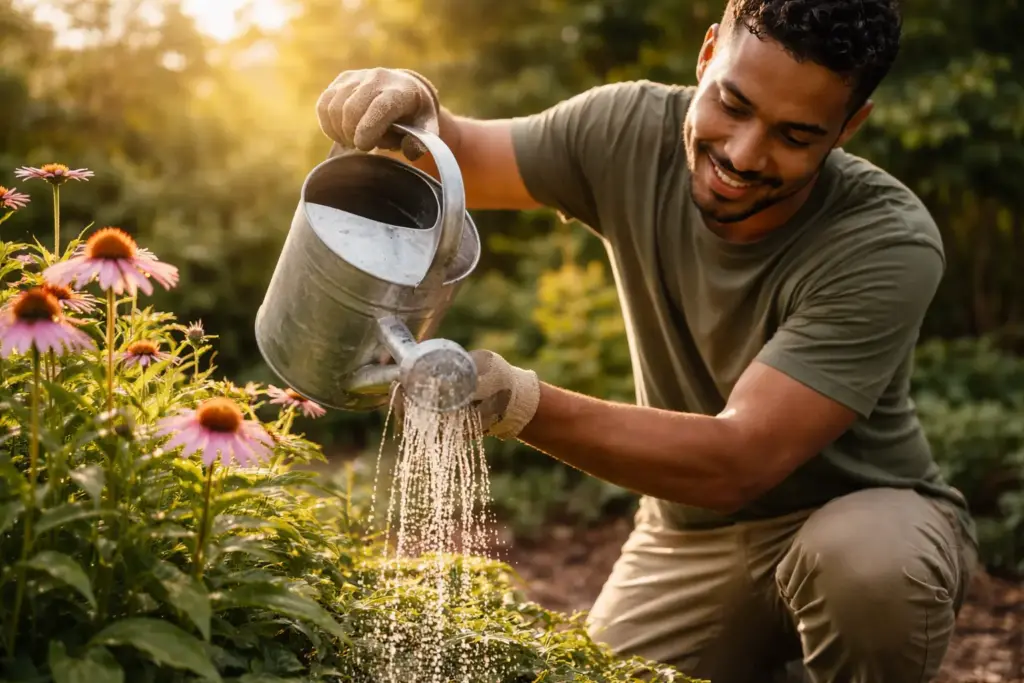 Hands using a watering can in a low maintenance native plants Ontario garden during a sunset.