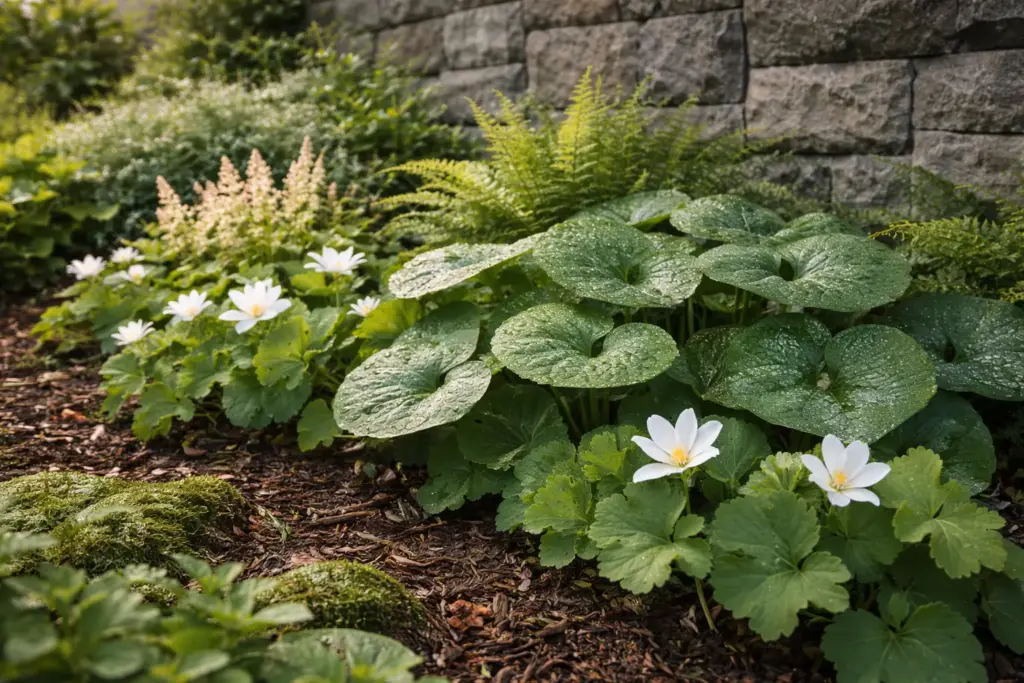 A vibrant arrangement of native shade perennials Canada including ferns and wild ginger in a backyard woodland bed.