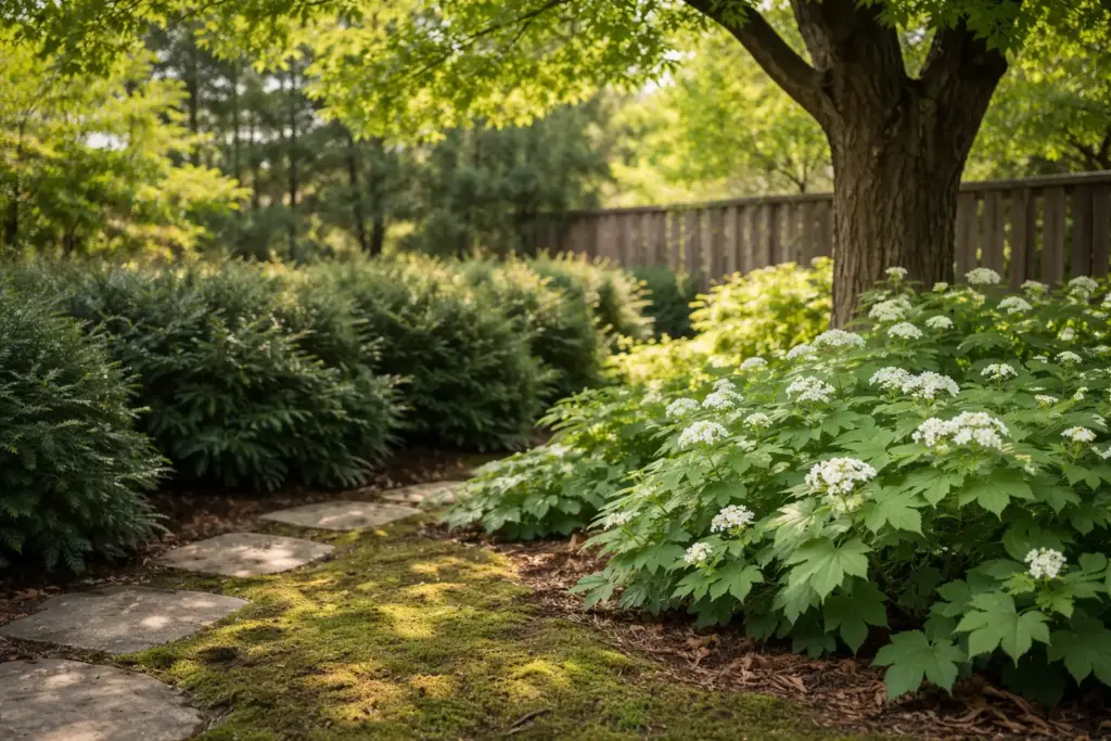 Healthy native shade shrubs Ontario like American Yew and Witch Hazel thriving in a dark garden corner.