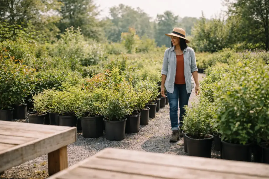 A local nursery in Canada displaying healthy saplings and seeds found on the native plants Canada list.